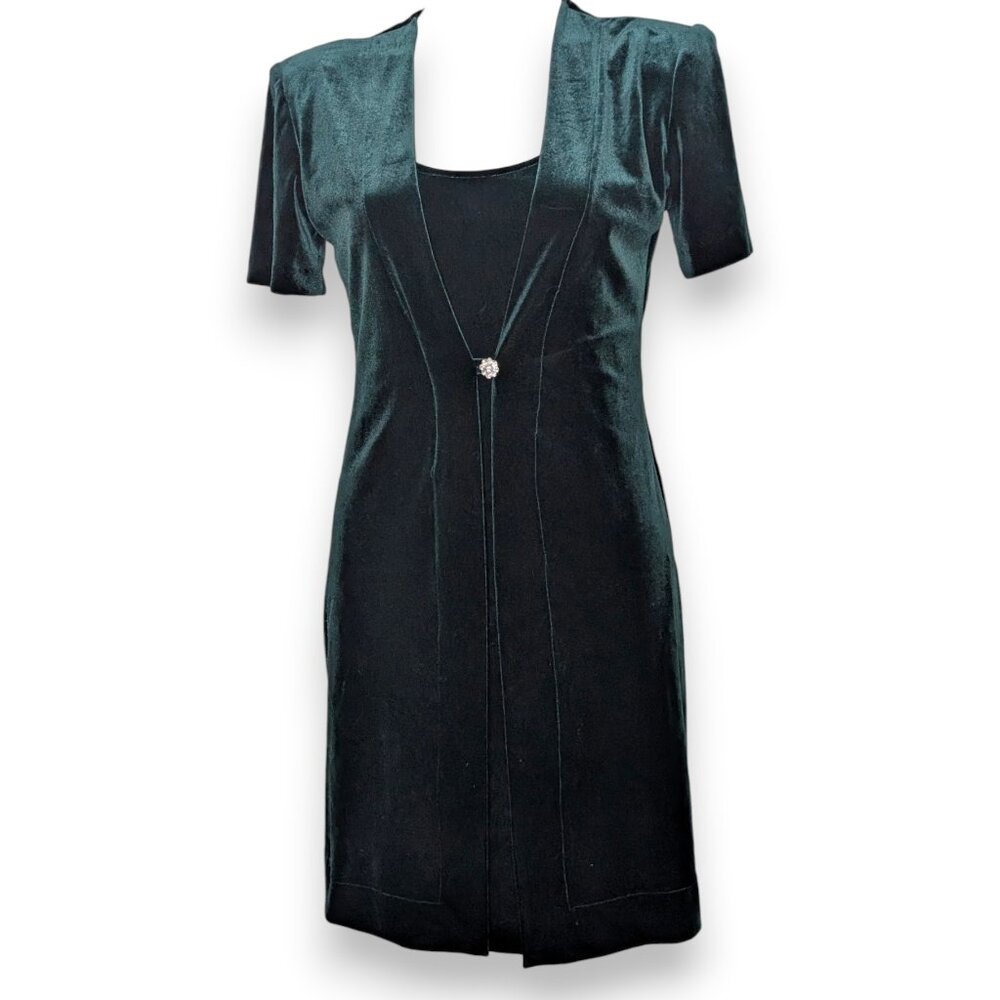 VTG Deep Green Velvet Layered Gem Closure Short Sleeve Mini Dress Whimsygoth
